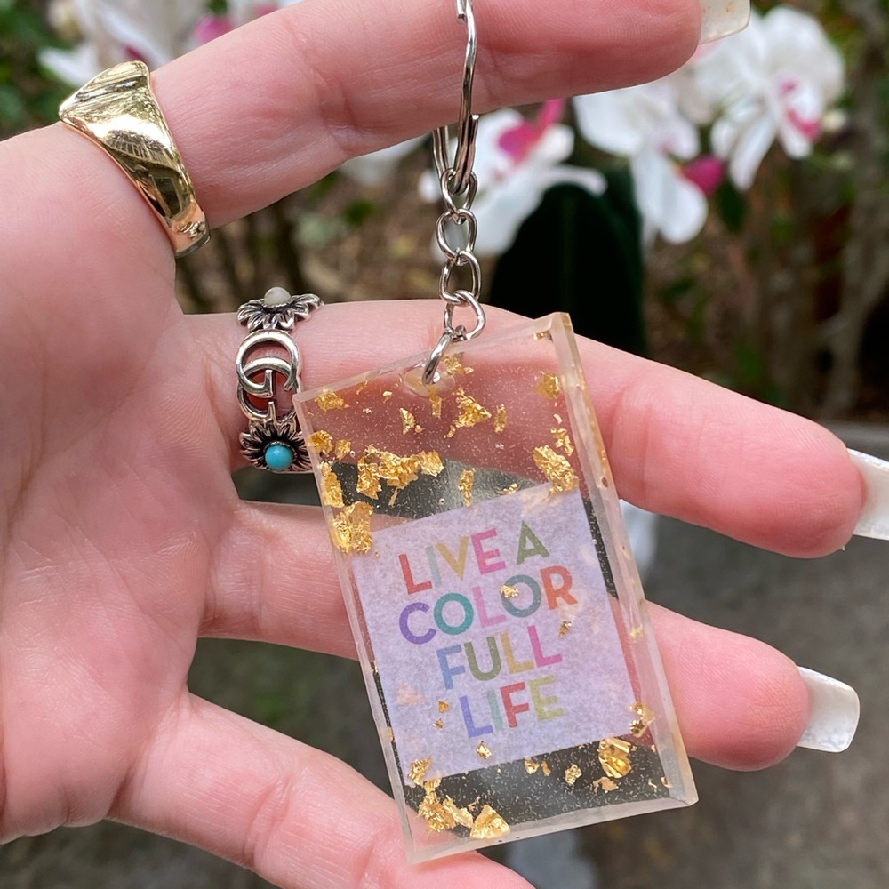 " Live A Color Full Life " & Gold Flakes Keychain Bag Charm Resin Art - Picture 5 of 8